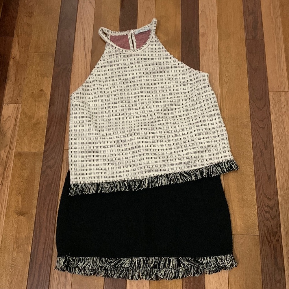 Zara Black and Cream Skirt with Fringe